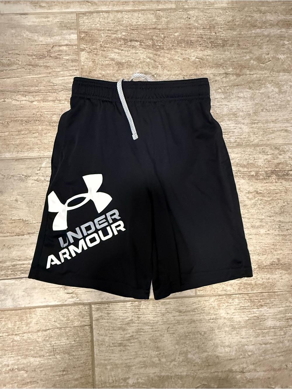 Under Armour Black Shorts with White Logo and Gray Drawstring